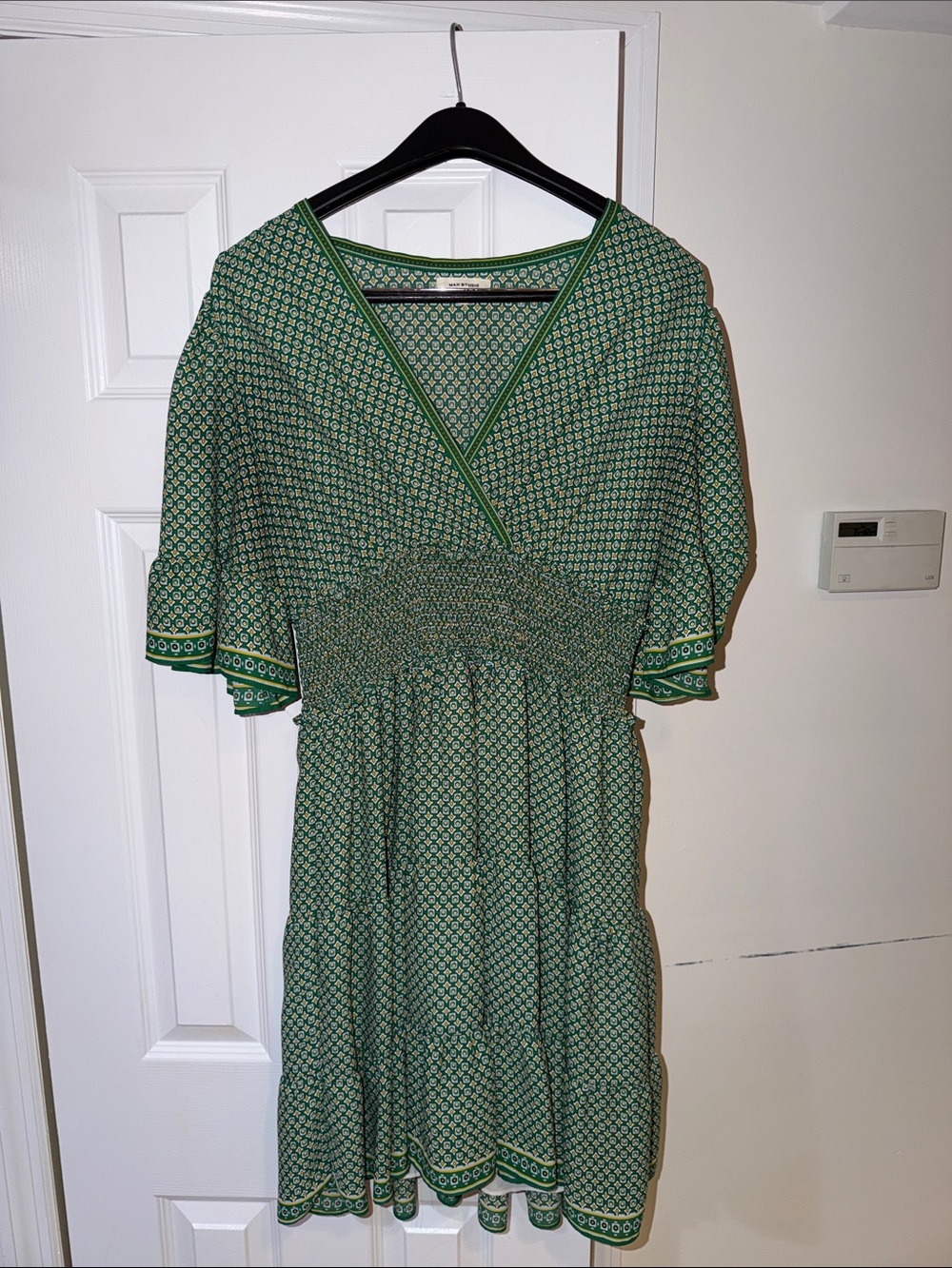 Max Studio Green Printed V-Neck Smocked Mini Dress